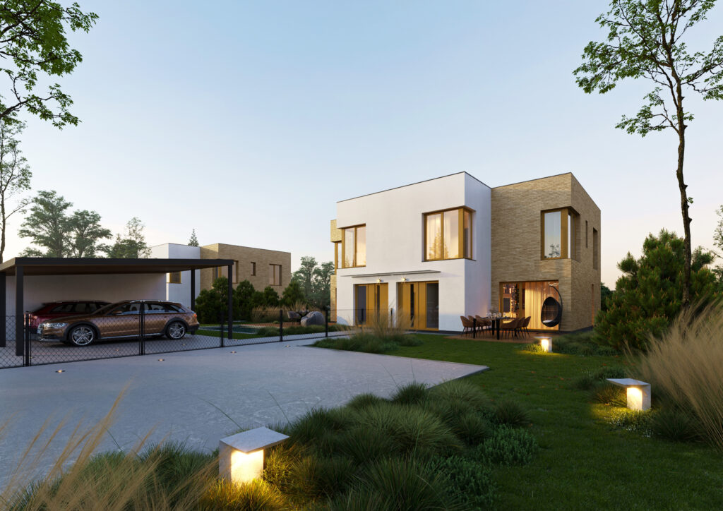 Moderní patrový rodinný dům – novostavba ve Středočeském kraji financovaná hypotékou v roce 2025.