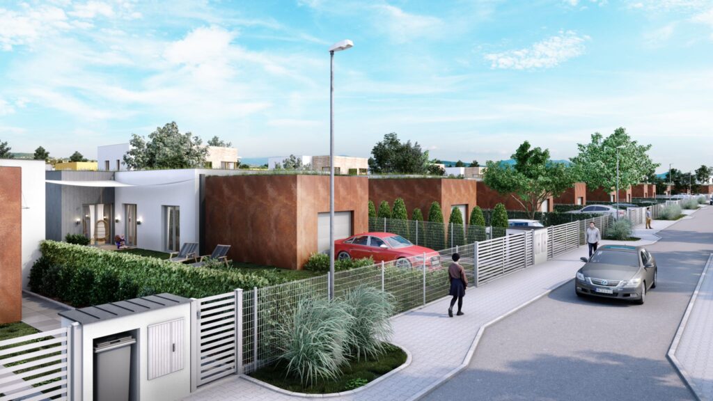 Moderní novostavba bungalovu ve Středočeském kraji s garáží, zahradou a parkovacím místem před domem.