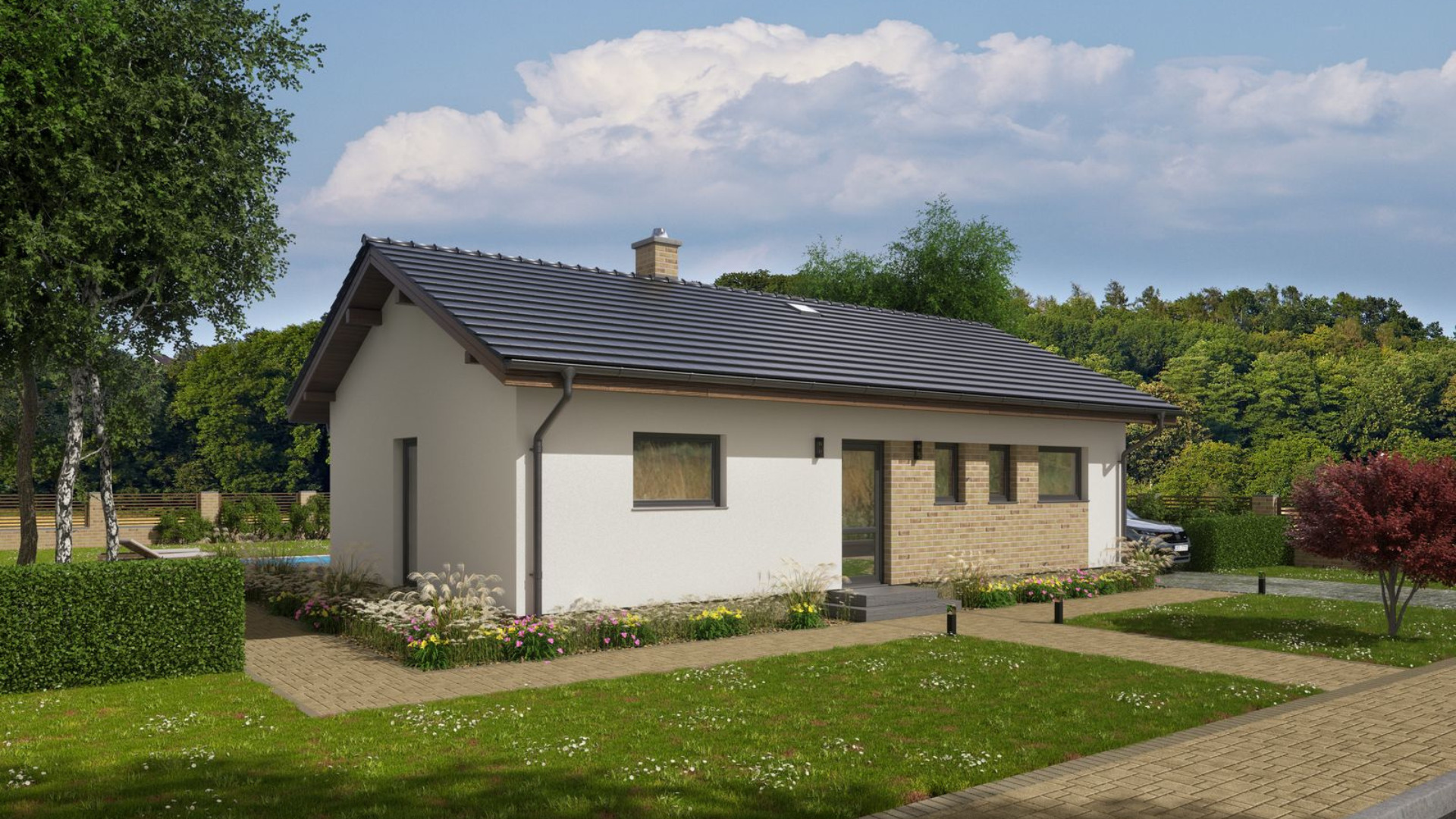 Přízemní rodinný dům na klíč s upravenou zahradou a chodníkem v klidné lokalitě.