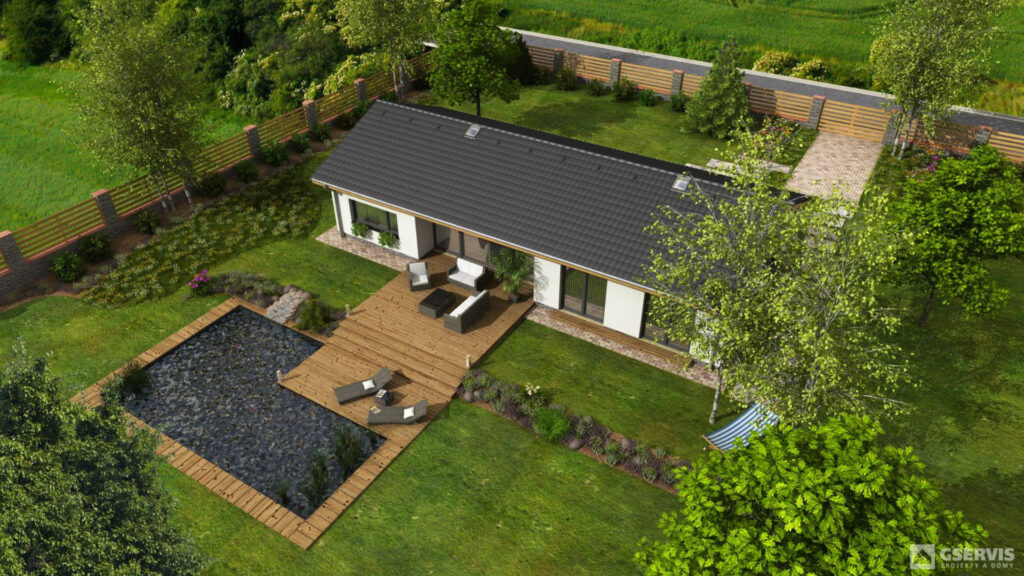 Moderní přízemní dům se zahradou, velkou terasou a jezírkem, ideální rodinné bydlení v soukromí zelené zahrady.