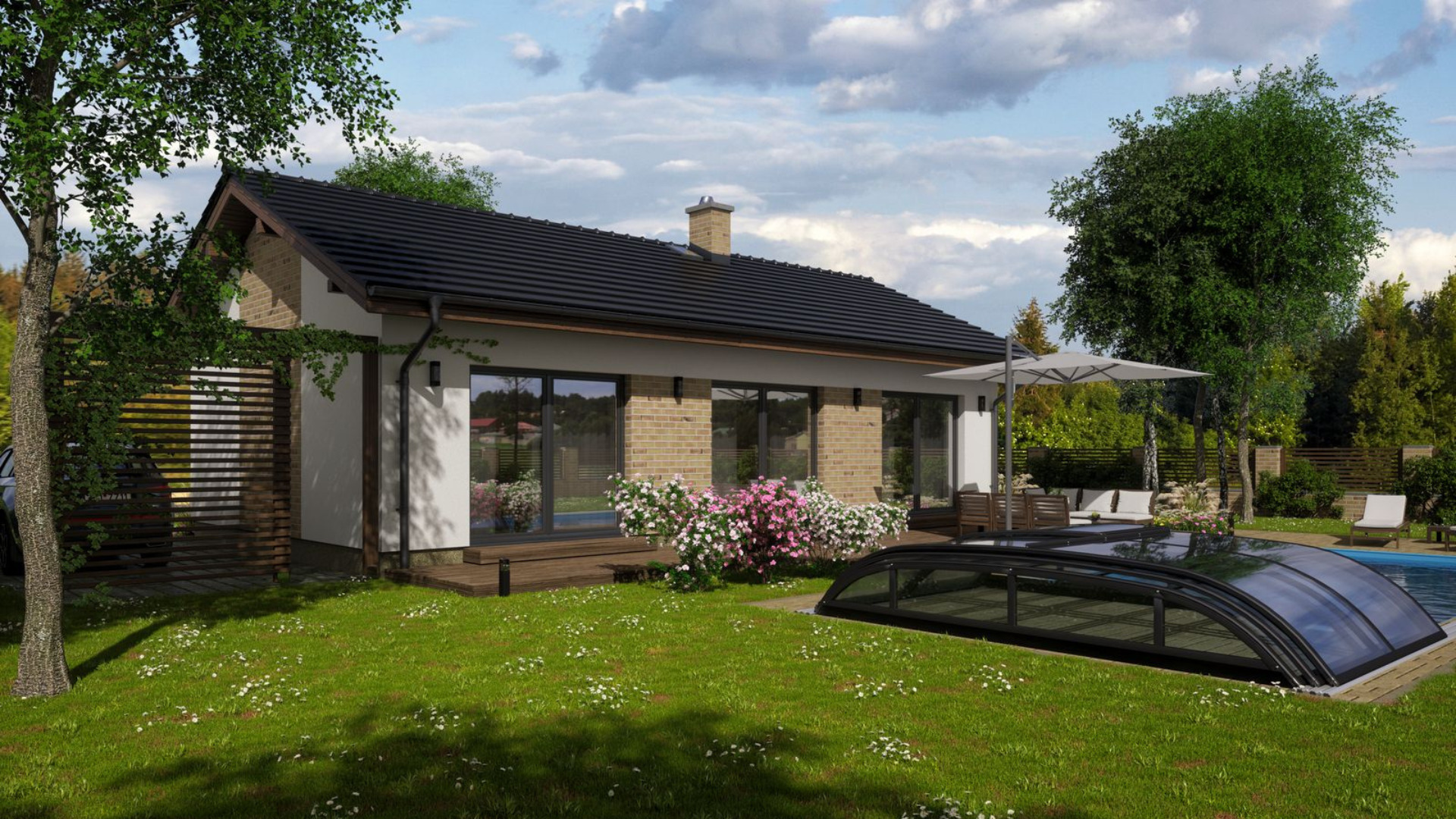 Moderní přízemní rodinný dům se zahradou, terasou a krytým bazénem za slunečného dne.