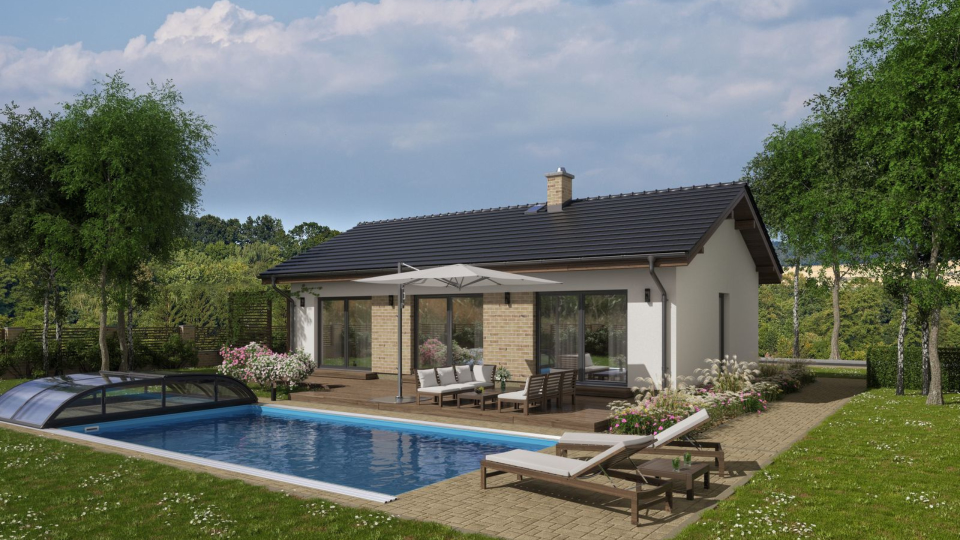 Moderní bungalov s terasou a bazénem jako novostavba na klíč, ideální rodinný dům v zahradě.