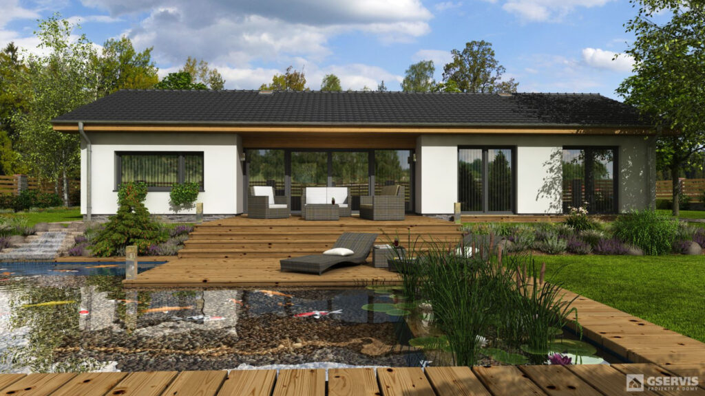 Moderní přízemní rodinný dům s velkými prosklenými okny, dřevěnou terasou a zahradním jezírkem v projektu Domy Mcely.