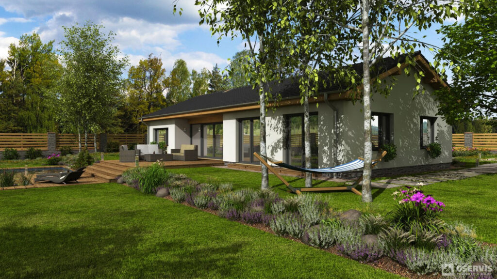 Moderní přízemní rodinný dům s velkými okny, terasou a zahradou s hamakou mezi stromy.