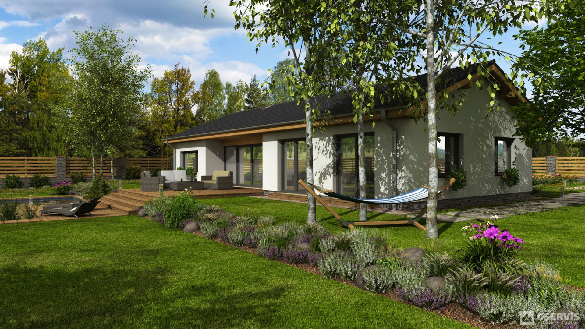 Moderní přízemní rodinný dům s velkými okny, terasou a zahradou s hamakou mezi stromy.