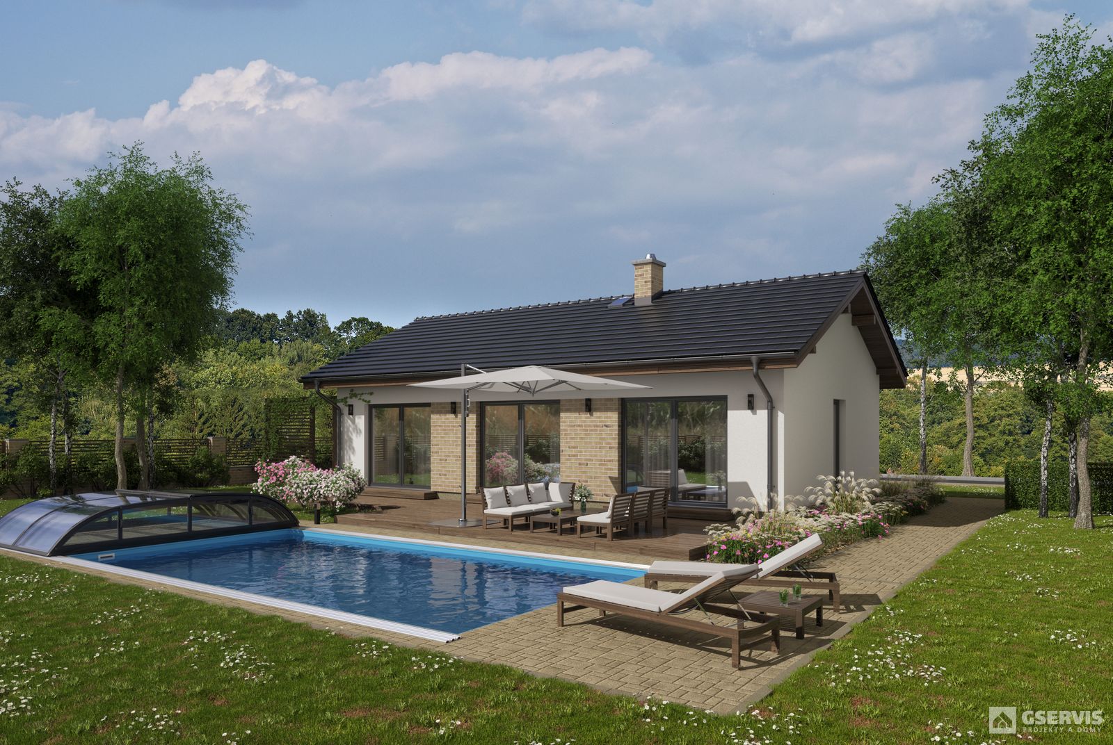 Moderní rodinný dům se zahradou a bazénem ve Středočeském kraji – novostavba od developera Konhefr.cz