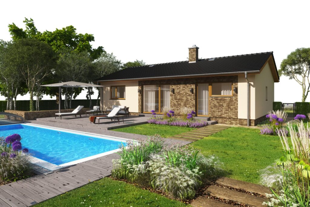 Moderní novostavba bungalovu se zahradou a bazénem. Ukázka komfortního bydlení v developerském projektu v Praze a okolí.