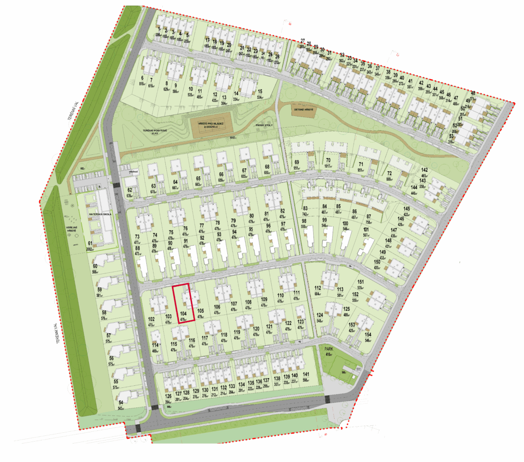 Situace projektu Domy Bílý vrch s vyznačeným dvojdomem 104 zhruba ve střední části projektu.