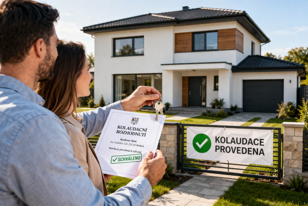 Kupující stojí před novým rodinným domem po kolaudaci a drží klíče i kolaudační rozhodnutí