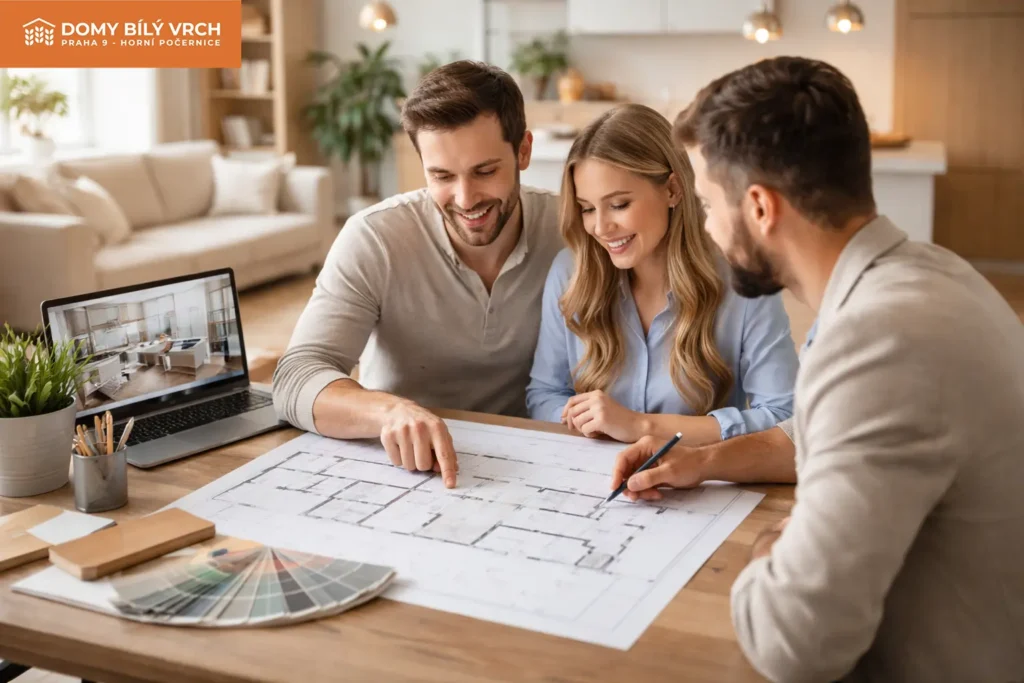 Mladý pár konzultuje s bytovým designérem půdorys novostavby a klientské změny