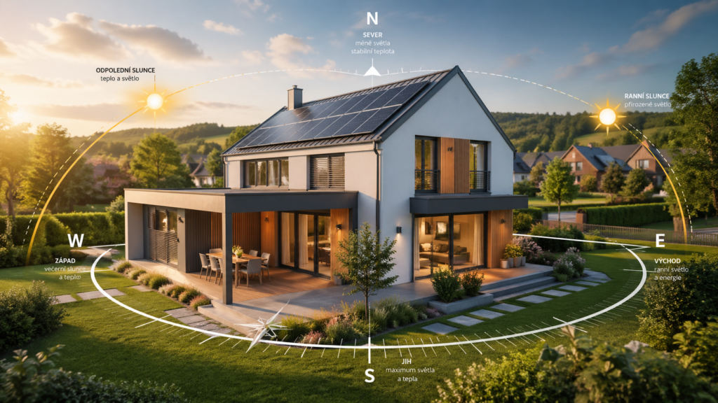 Orientace domu ke světovým stranám u moderní novostavby s vyznačením jihu, severu, východu a západu
