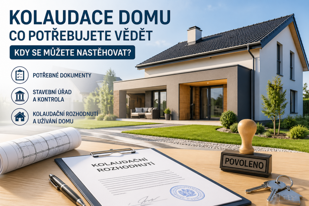 Kolaudace domu u moderní novostavby s dokumenty, razítkem, klíči a rodinným domem připraveným k nastěhování