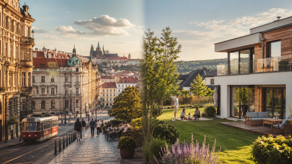 Srovnání bydlení v centru Prahy a rodinného domu na klidnějším okraji města
