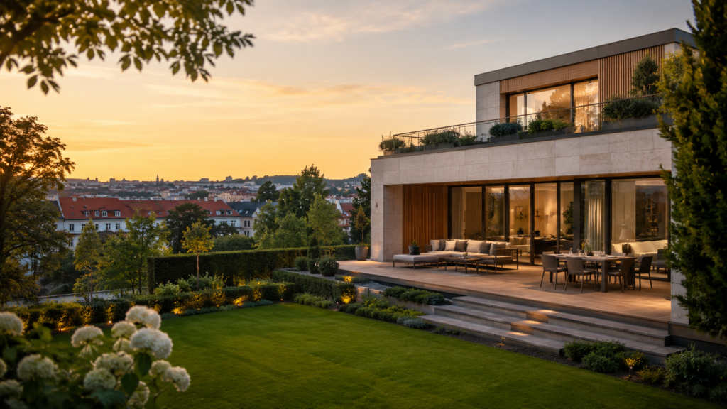 Moderní luxusní dům v Praze se zahradou, terasou a výhledem na město