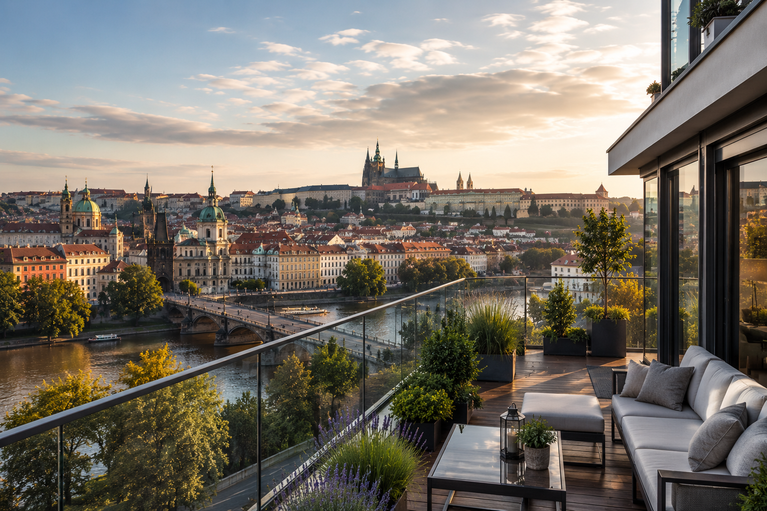 Modern apartment terrace overlooking Prague skyline and the Vltava River at golden hour