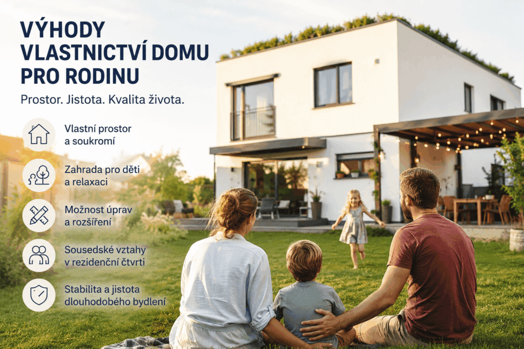 Rodina na zahradě u moderního domu jako ukázka výhod vlastnictví domu pro rodinu