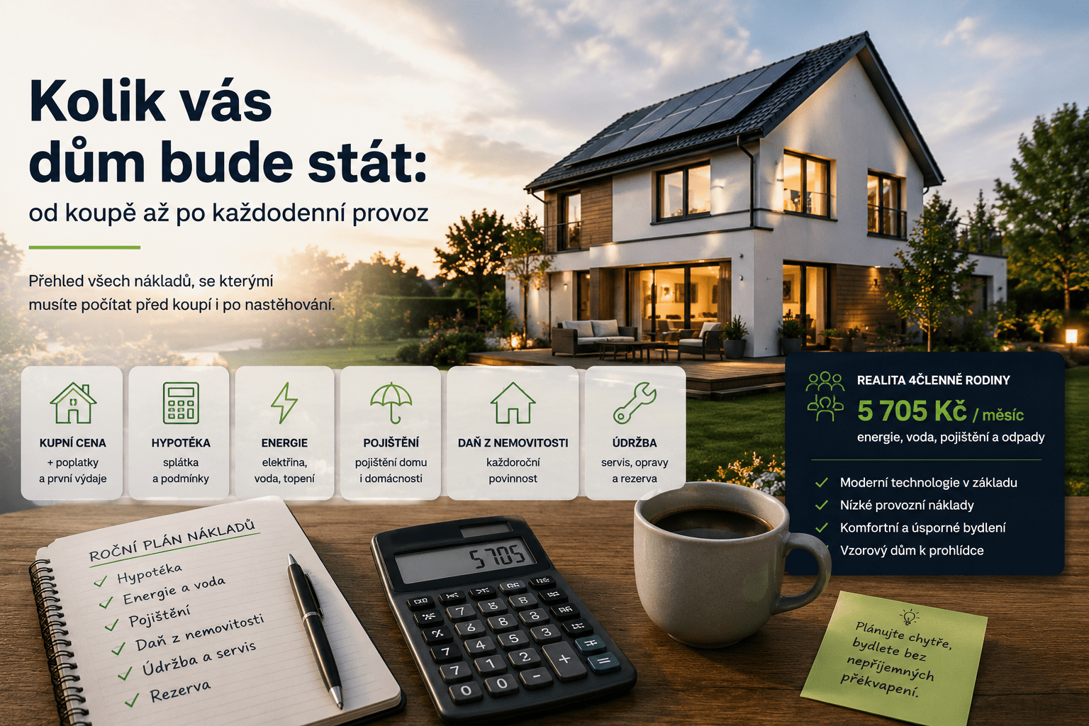 Moderní rodinný dům s přehledem nákladů na koupi, hypotéku, energie, pojištění a údržbu