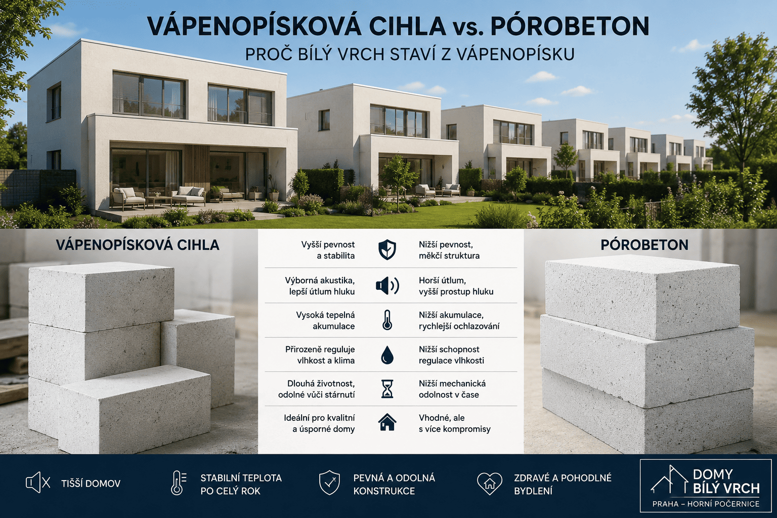 Srovnání vápenopískové cihly a pórobetonu u moderních domů Domy Bílý vrch